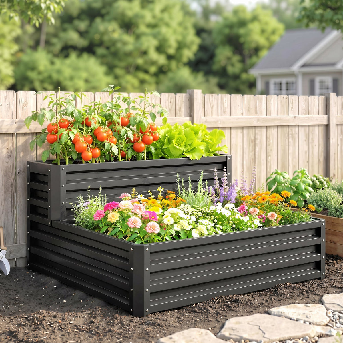 Carré potager de jardin fond ouvert 2 étages pour herbes légumes fruits fleurs 120 x 101 x 58 cm gris foncé