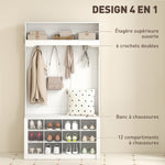 Porte-Manteau 4-en-1 avec Banc, Banc d'Entrée avec 12 Compartiments à Chaussures, 6 Crochets et Étagère Ouverte, Blanc