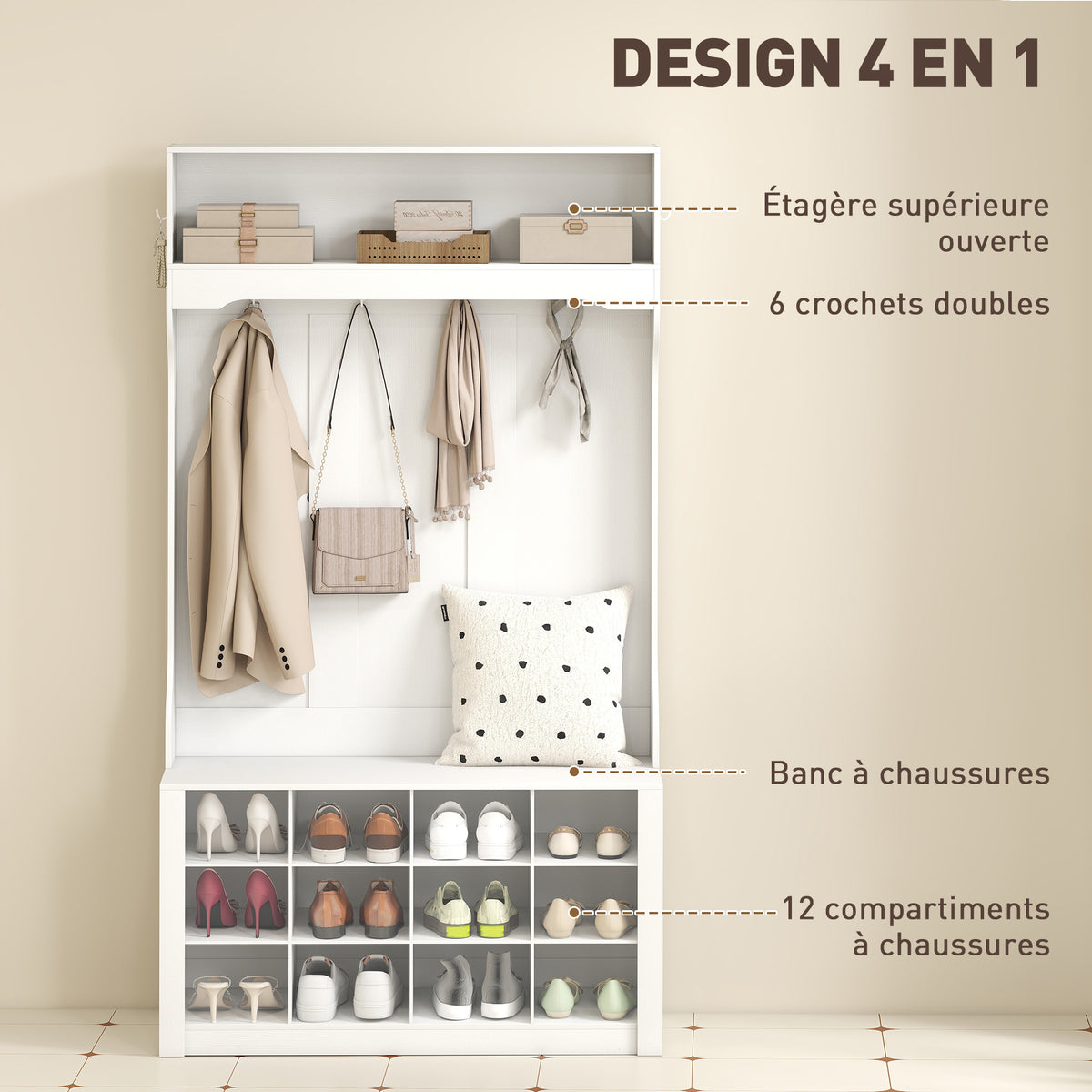 Porte-Manteau 4-en-1 avec Banc, Banc d'Entrée avec 12 Compartiments à Chaussures, 6 Crochets et Étagère Ouverte, Blanc