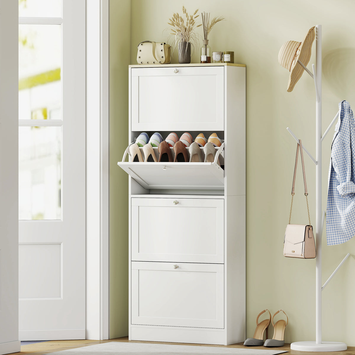 Meuble à chaussures 24 paires, armoire à chaussures avec 4 tiroirs rabattables, étagères réglables, 60x23,5x153cm, blanc