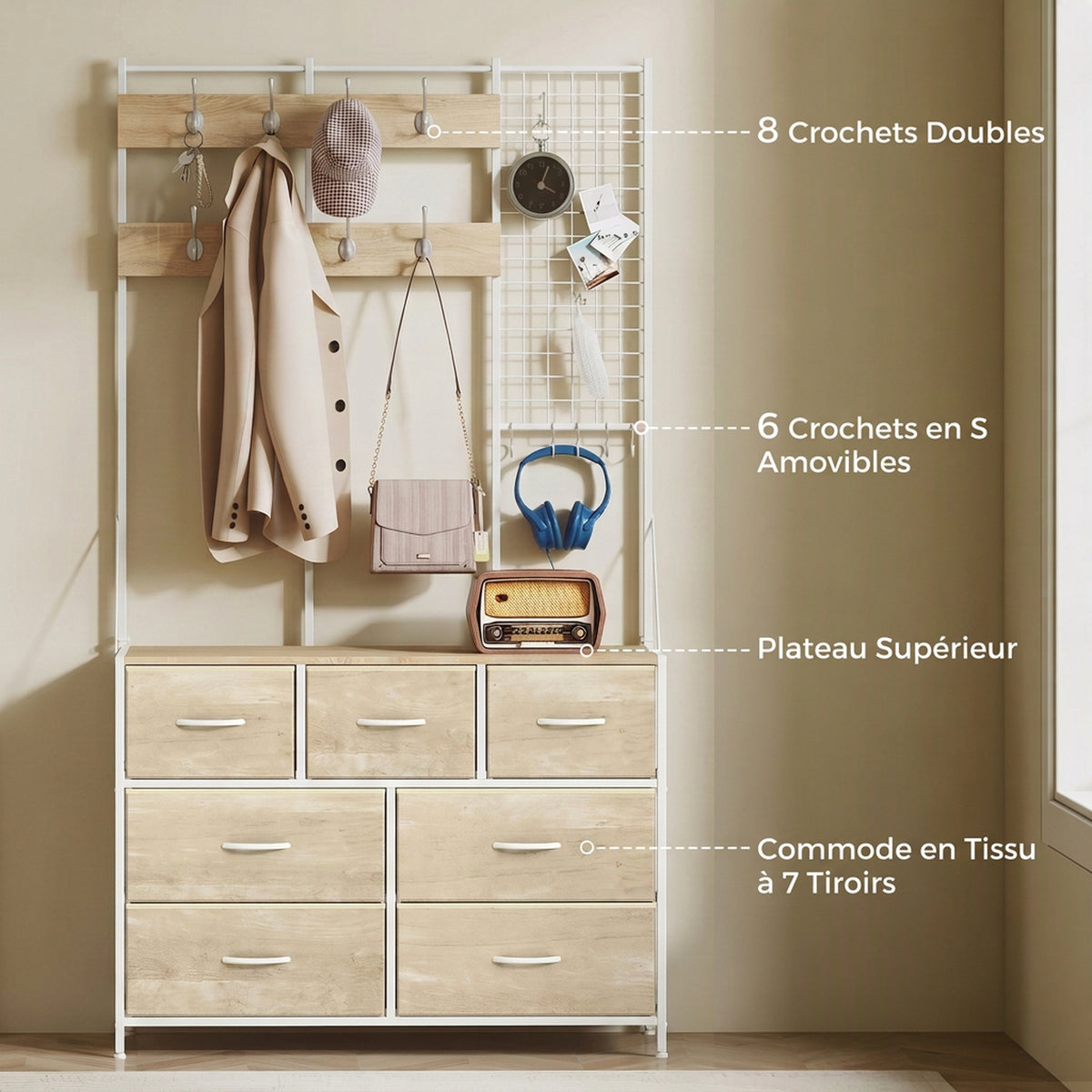 Porte-Manteau 4 en 1, Meuble d'Entrée avec 7 Tiroirs Pliables en Tissu, 14 Crochets et Panneau Grillagé, Chêne