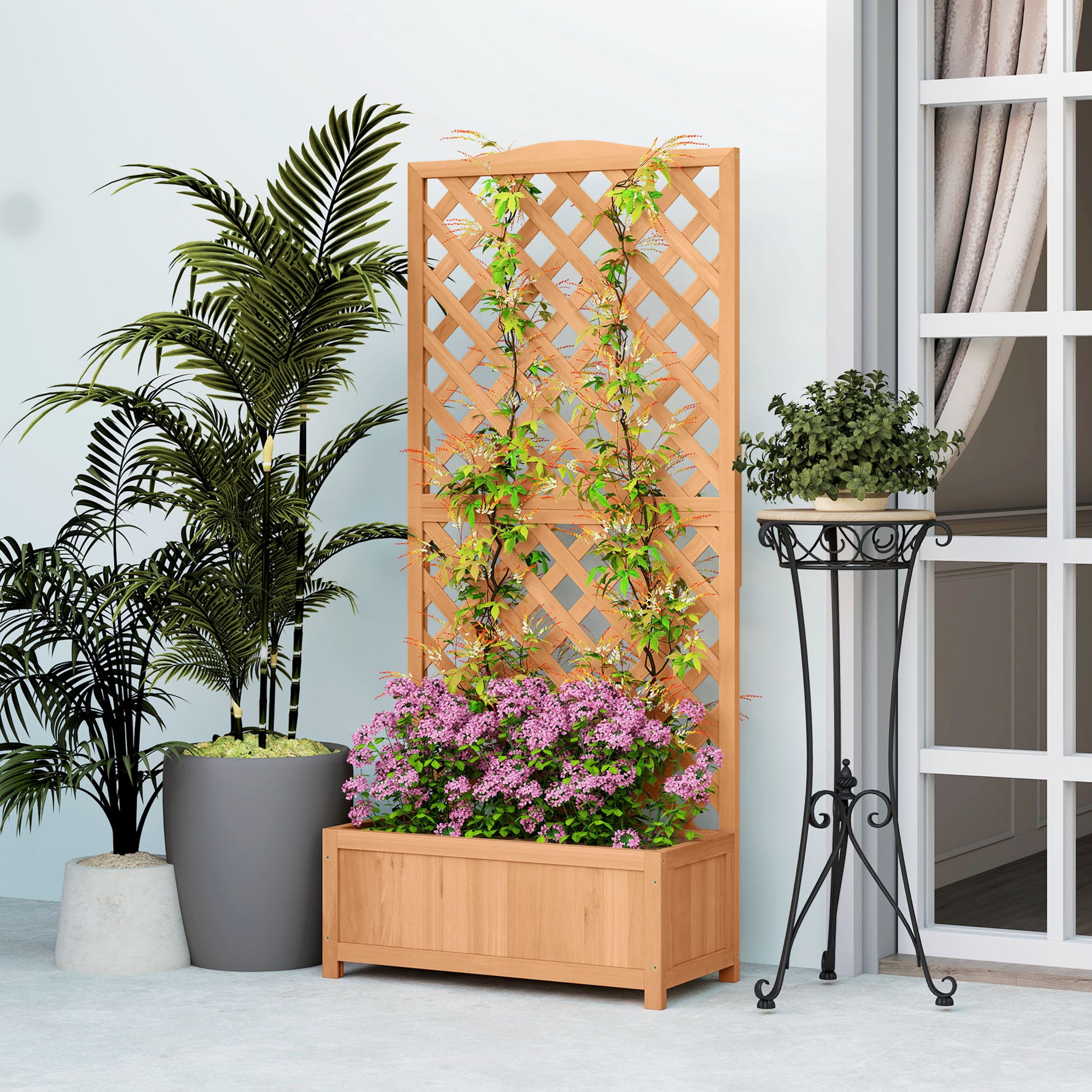 Jardinière avec treillis bac à fleurs avec treillis fond à lattes bois massif 76 x 36 x 170 cm marron