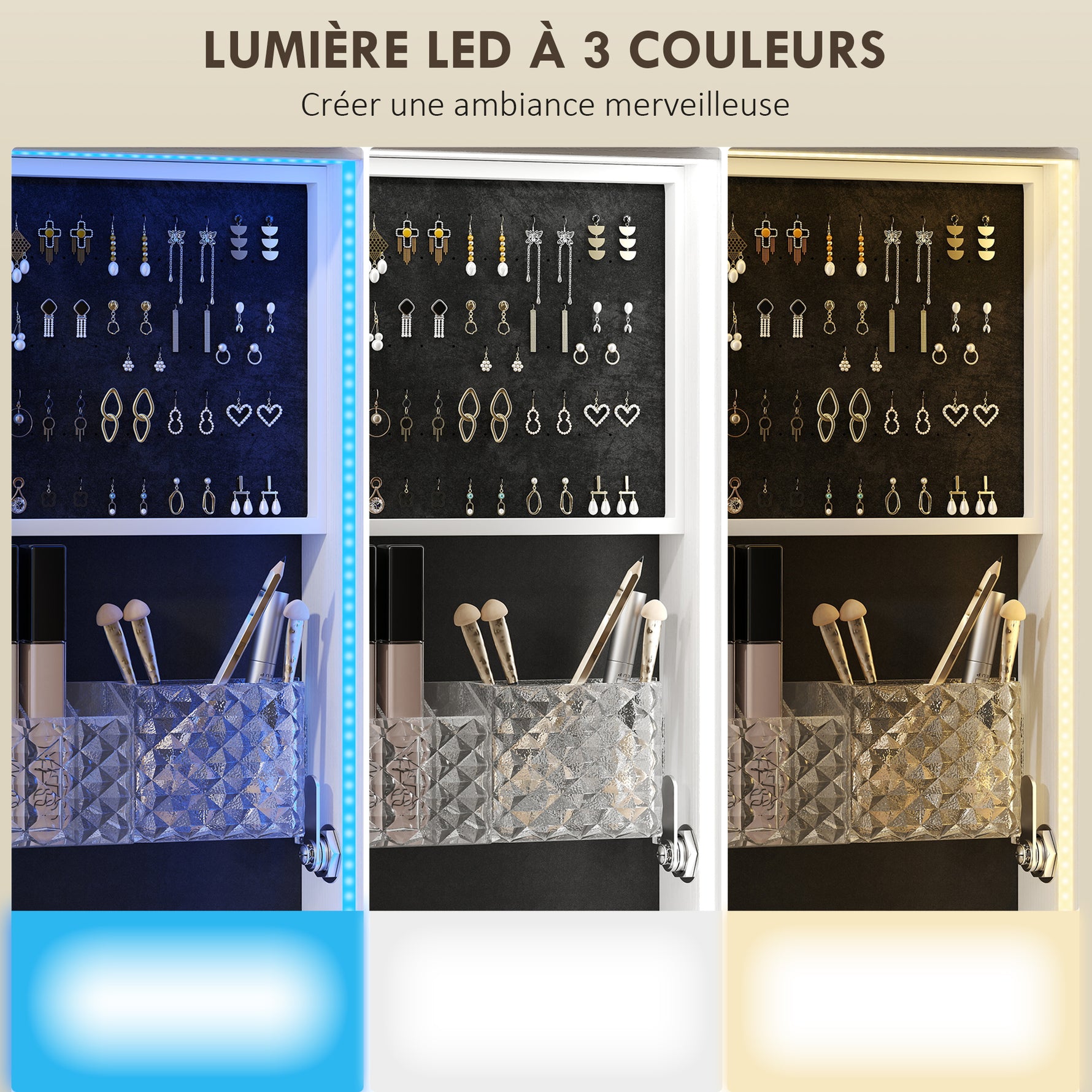 Armoire à bijoux armoire avec miroir sur pied pivotante à 360° éclairage LED 37x40x165,5cm cadre blanc, doublure noire