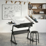 Drawing table with stool and 2 drawers, adjustable height, tiltable tabletop 0° to 60°, 120 x 60 x 68-92 cm, white