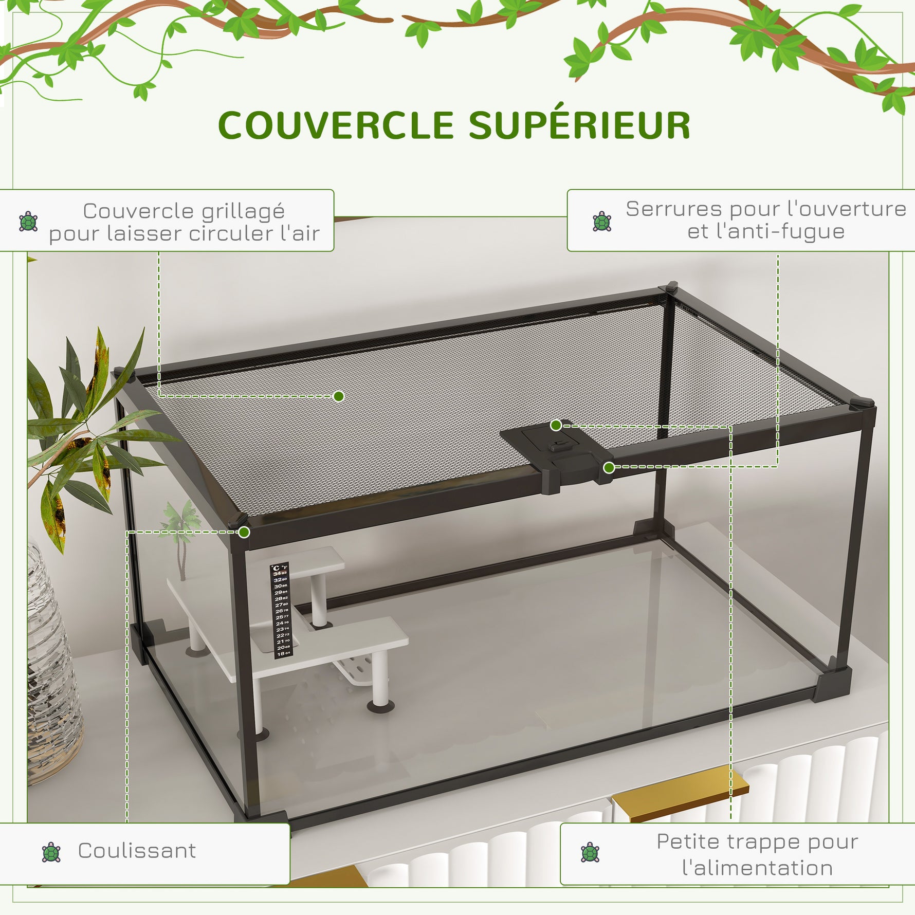 Aquarium pour Tortues avec Plateforme de Repos, Couvercle Coulissant en Filet, Thermomètre, 50x30x25cm, Blanc