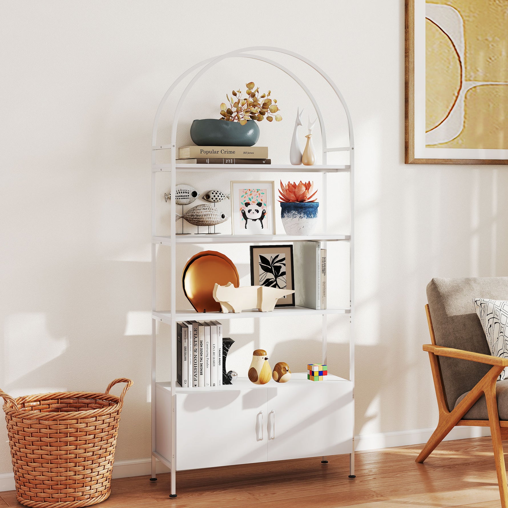 Étagère de rangement, bibliothèque arquée à 4 niveaux avec placard double porte, 80 x 30 x 187 cm, blanc