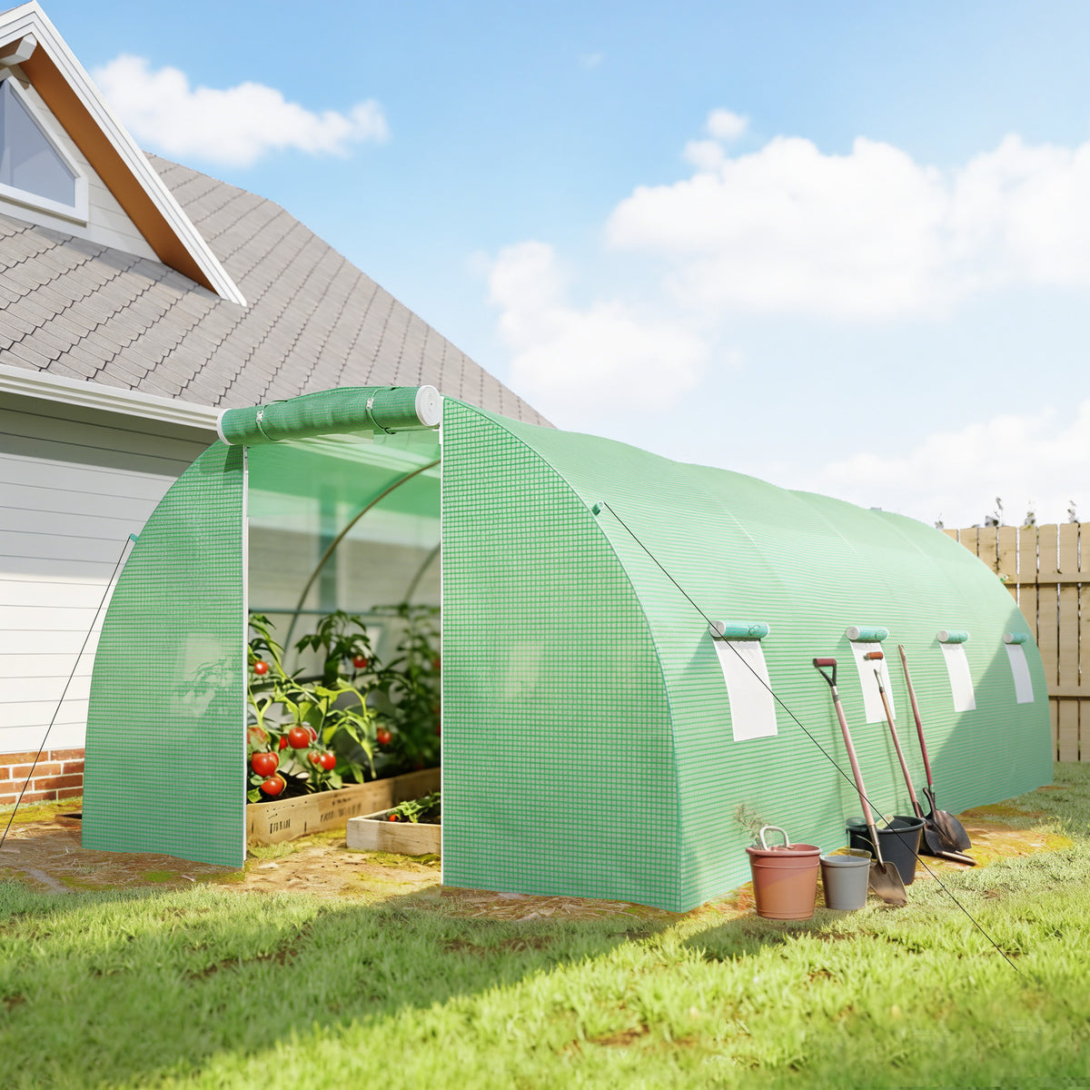 Serre de Jardin Tunnel 18 m² dim. 6L x 3l x 2H m - 8 fenêtres, Porte zippée Enroulable - châssis Tubulaire Acier galvanisé, bâche PE Haute densité Vert