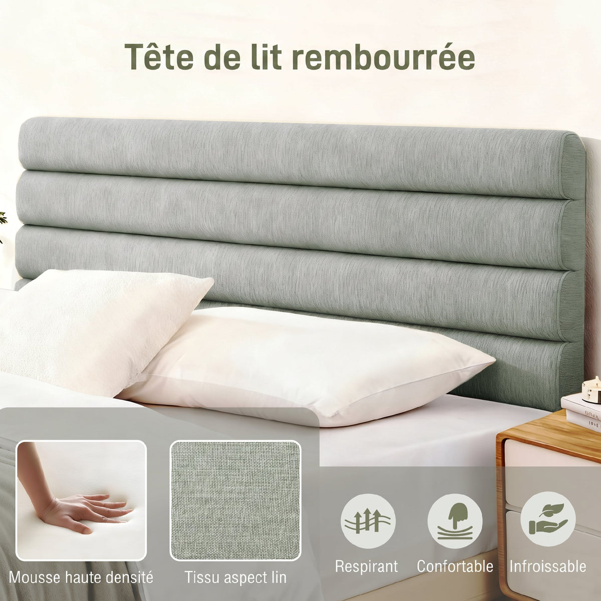 Tête de Lit Capitonnée, Hauteur Ajustable en 3 Niveaux avec Pieds en Métal pour Chambre, 140 x 10 x 106/116/126 cm, Gris