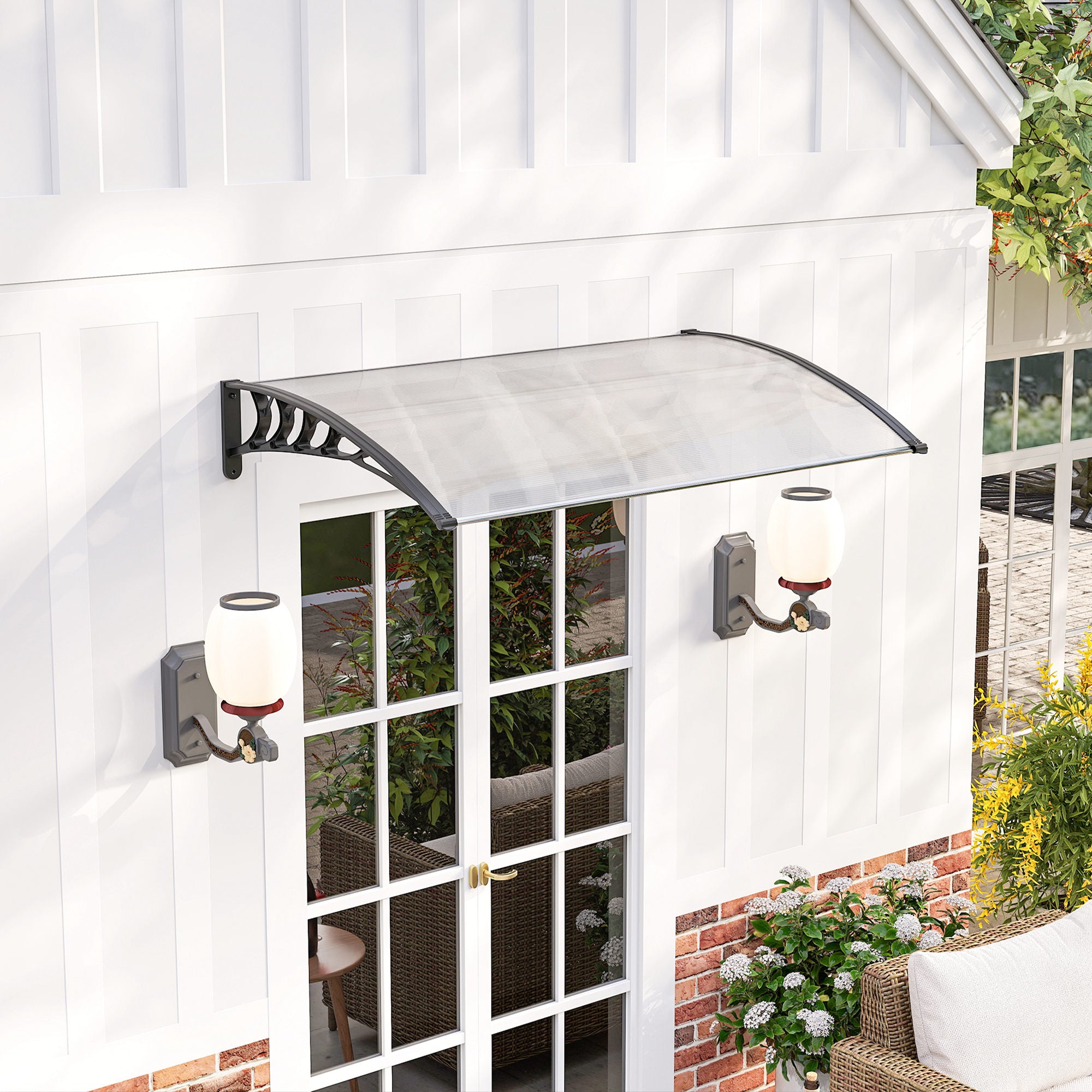 Auvent de porte d'entrée toit marquise en polycarbonate protection contre pluie neige UV 0,9 x 1,5 m, transparente