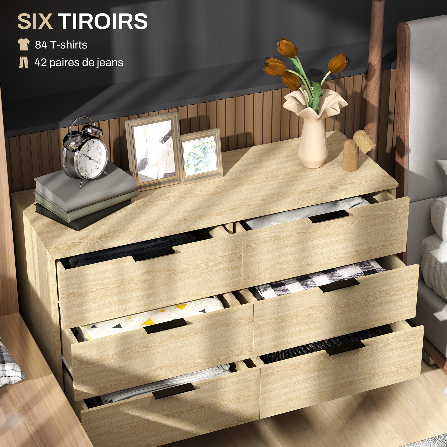 Commode 6 tiroirs Commode moderne pour chambre à coucher avec design anti-basculement 110L x 40l x 75H cm Aspect bois