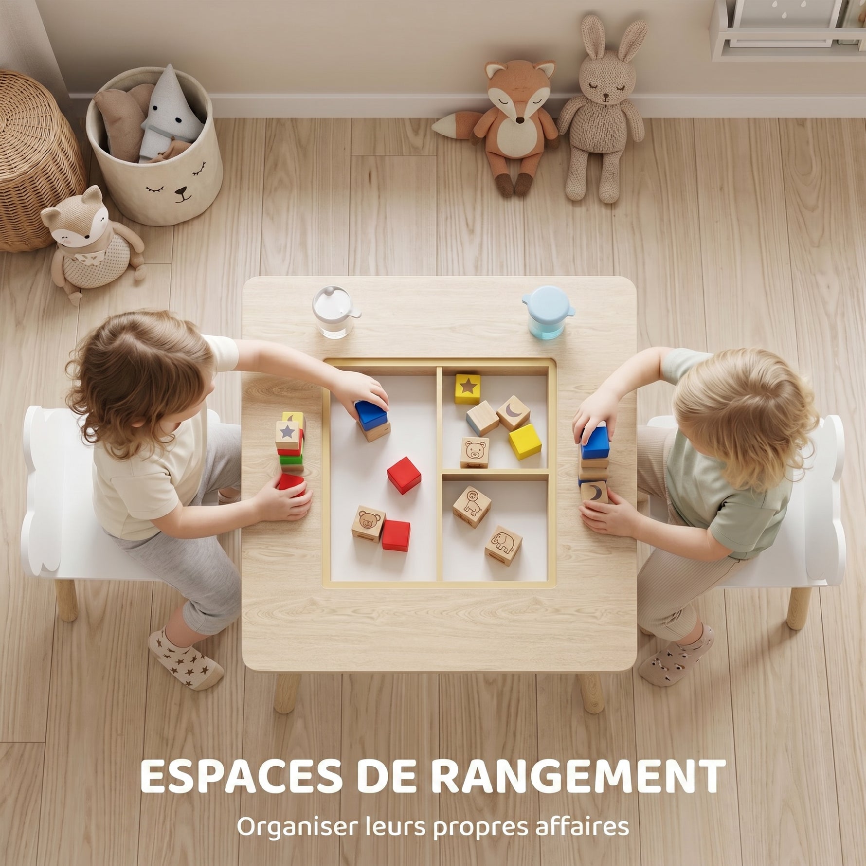 Ensemble 1 table et 2 chaise 3 pièces pour enfants avec plateau réversible espace de rangement bois naturel