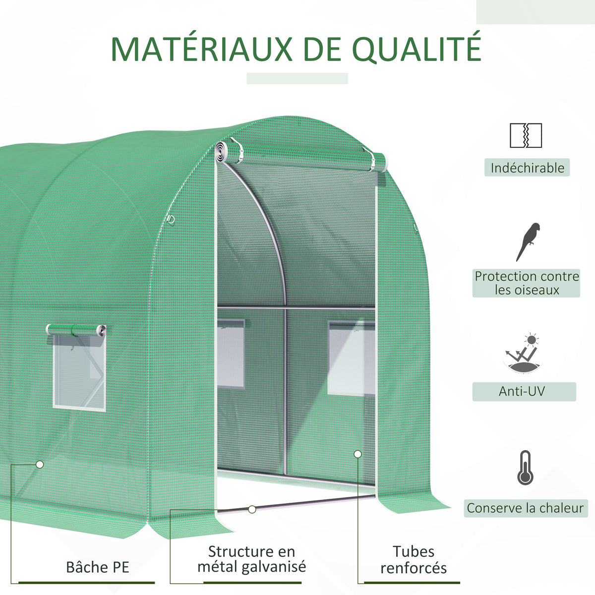 Serre de Jardin Tunnel Surface Sol 6 m² 3L x 2l x 2H m acier Porte zippée 6 fenêtres enroulables Vert