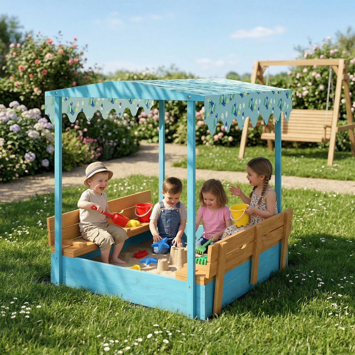 Sandkasten aus Holz mit Deckel, Outdoor-Sandkasten für Kinder mit klappbaren Sitzen und bedruckter Plane mit blauen Flamingos