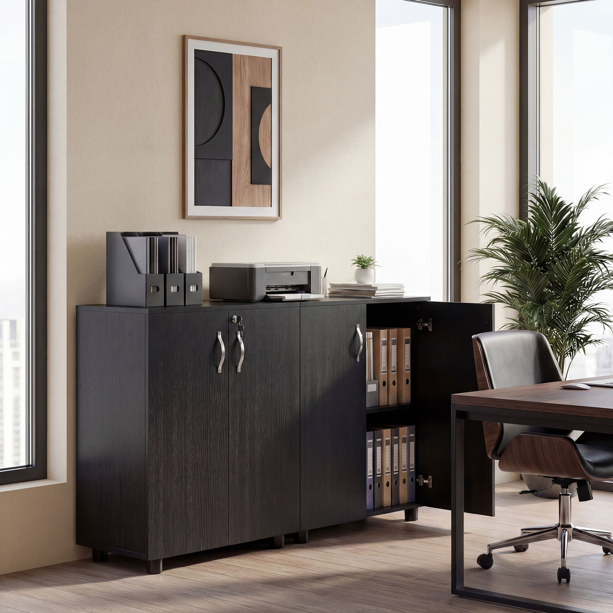 Armario de oficina de 2 niveles, mueble de almacenamiento de oficina con 2 puertas, cerraduras y llaves, 80x40x80cm, negro