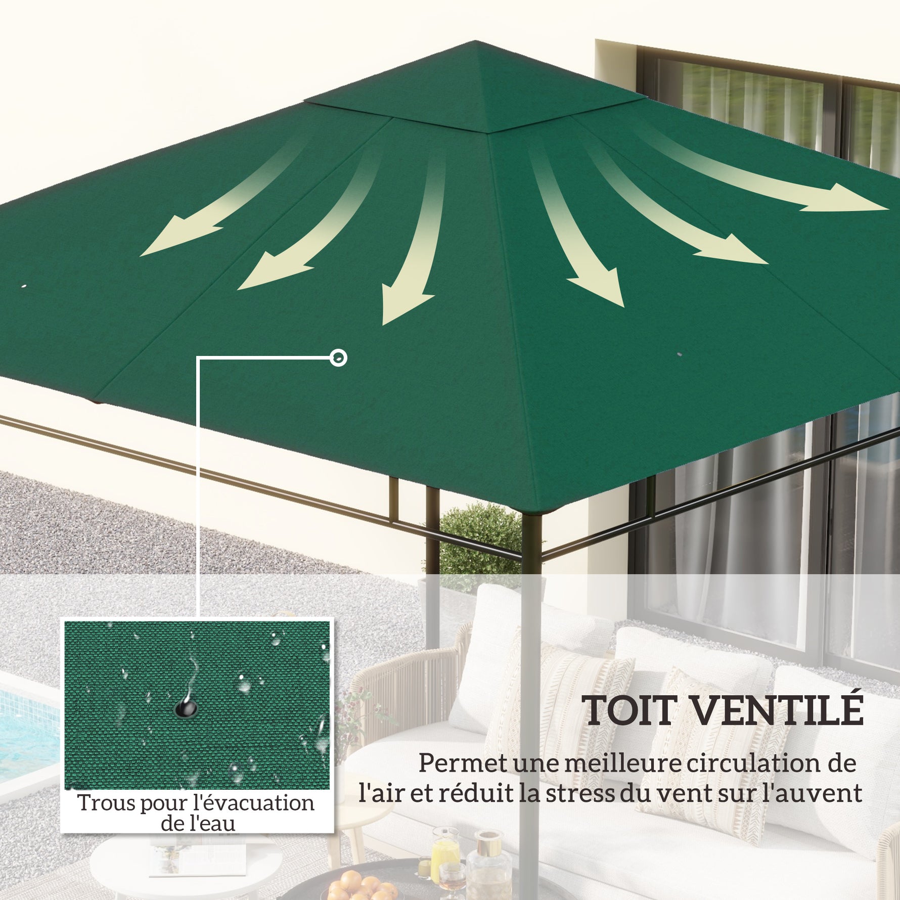 Toile de rechange pour pavillon toit de remplacement gazebo tissu polyester haute densité 180 g/m² anti-UV 3 x 3 m vert