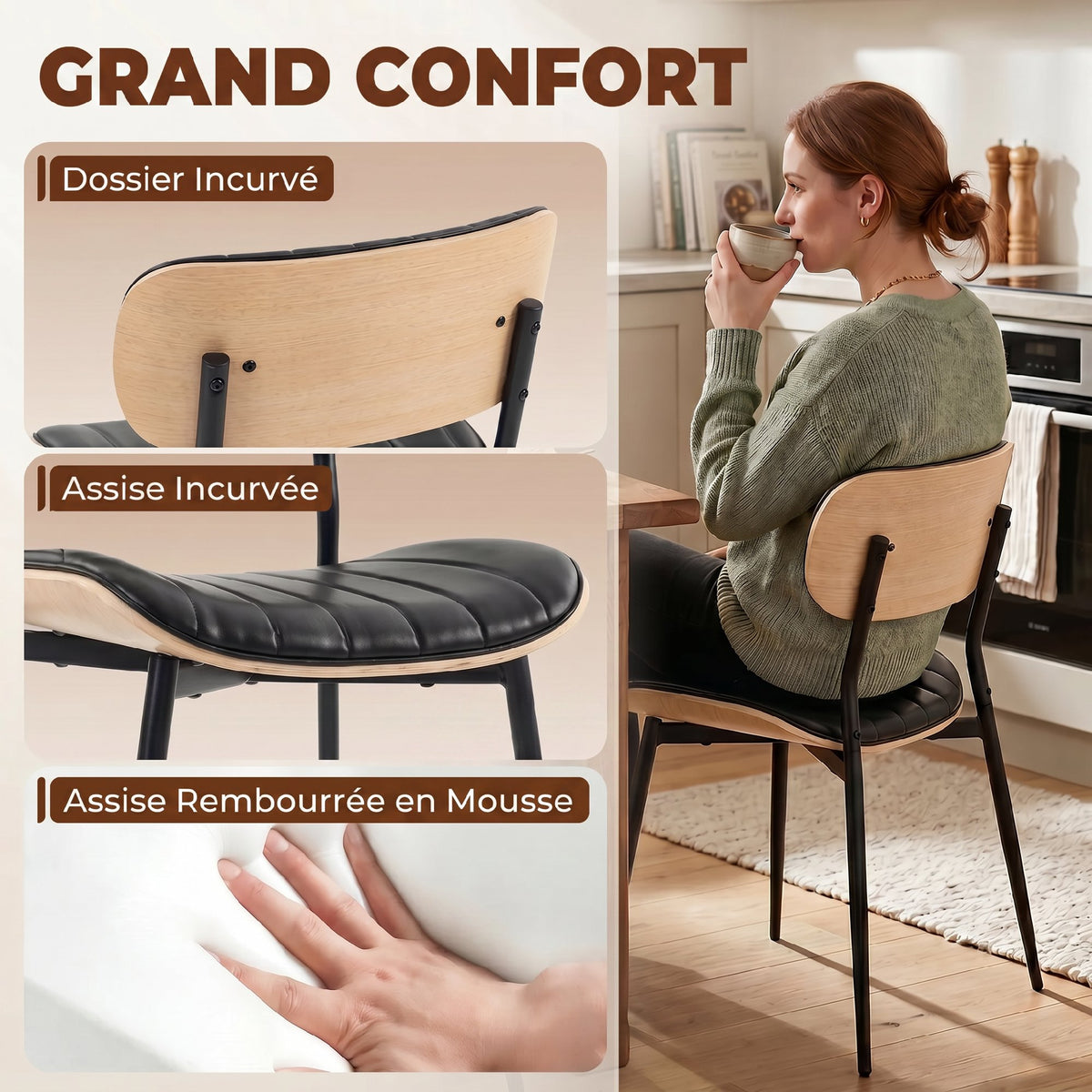 Lot de 2 Chaises de Salle à Manger, Chaises Cuisine sans Accoudoirs, Dossier Incurvé et Assise Rembourrée en PU, Noir