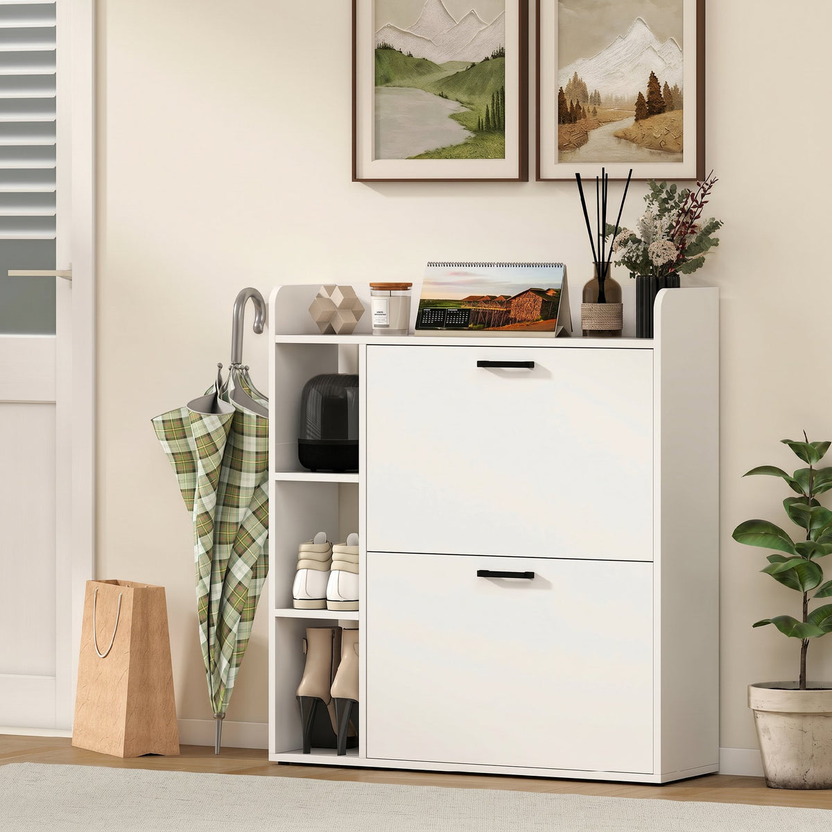 Meuble à chaussures 15 paires, armoire à chaussures moderne avec 2 tiroirs rabattables, 83x24x90,5cm, blanc