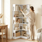 Bibliothèque d'angle, étagère de rangement à 6 niveaux avec panneaux latéraux arqués, 60 x 60 x 165,5 cm, blanc
