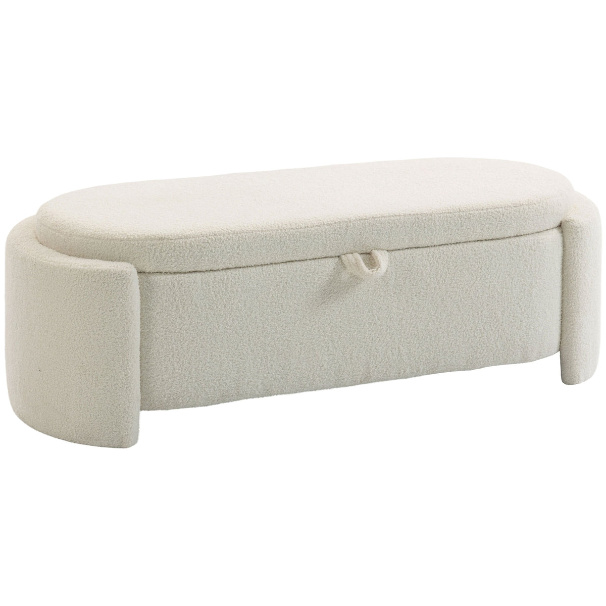 Banc de rangement, bout de lit ovale en polaire Teddy avec assise large, 129 x 48,5 x 44 cm, crème