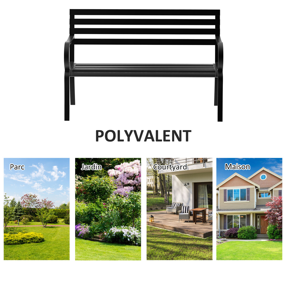 Banc de Jardin Design Contemporain 2 Places dim. 127L x 58l x 82H cm métal époxy Noir