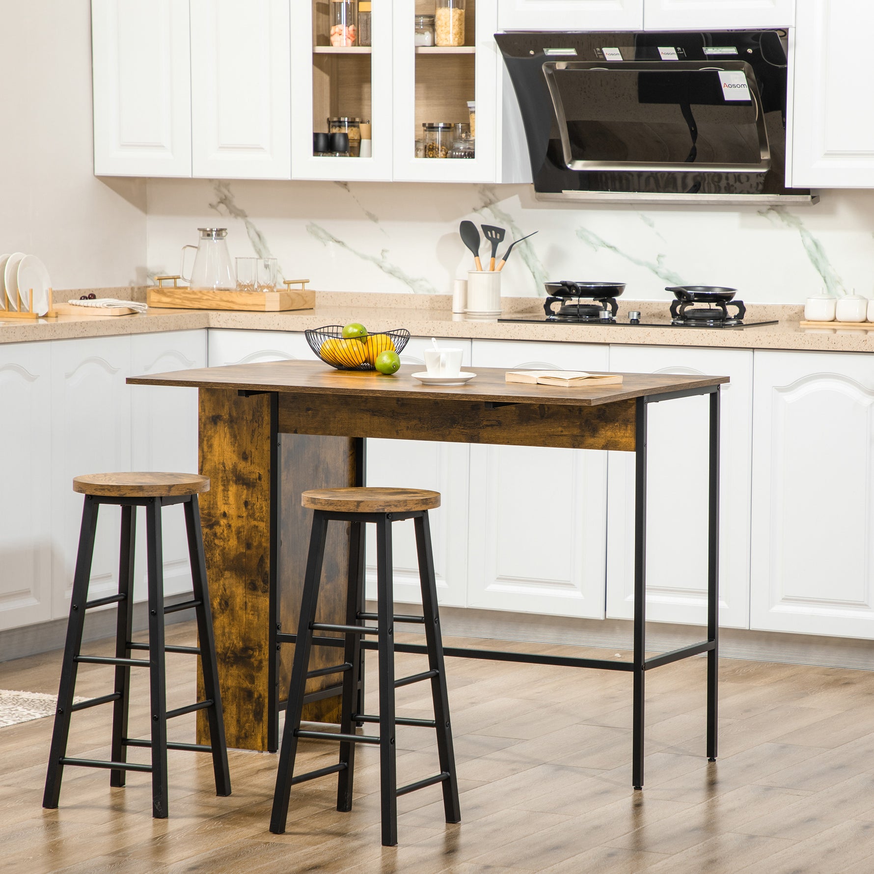 Ilot centra table de bar plateau latéral  rabattable et 3 étagères 120 x 76 x 91,4 cm Brun Rustique