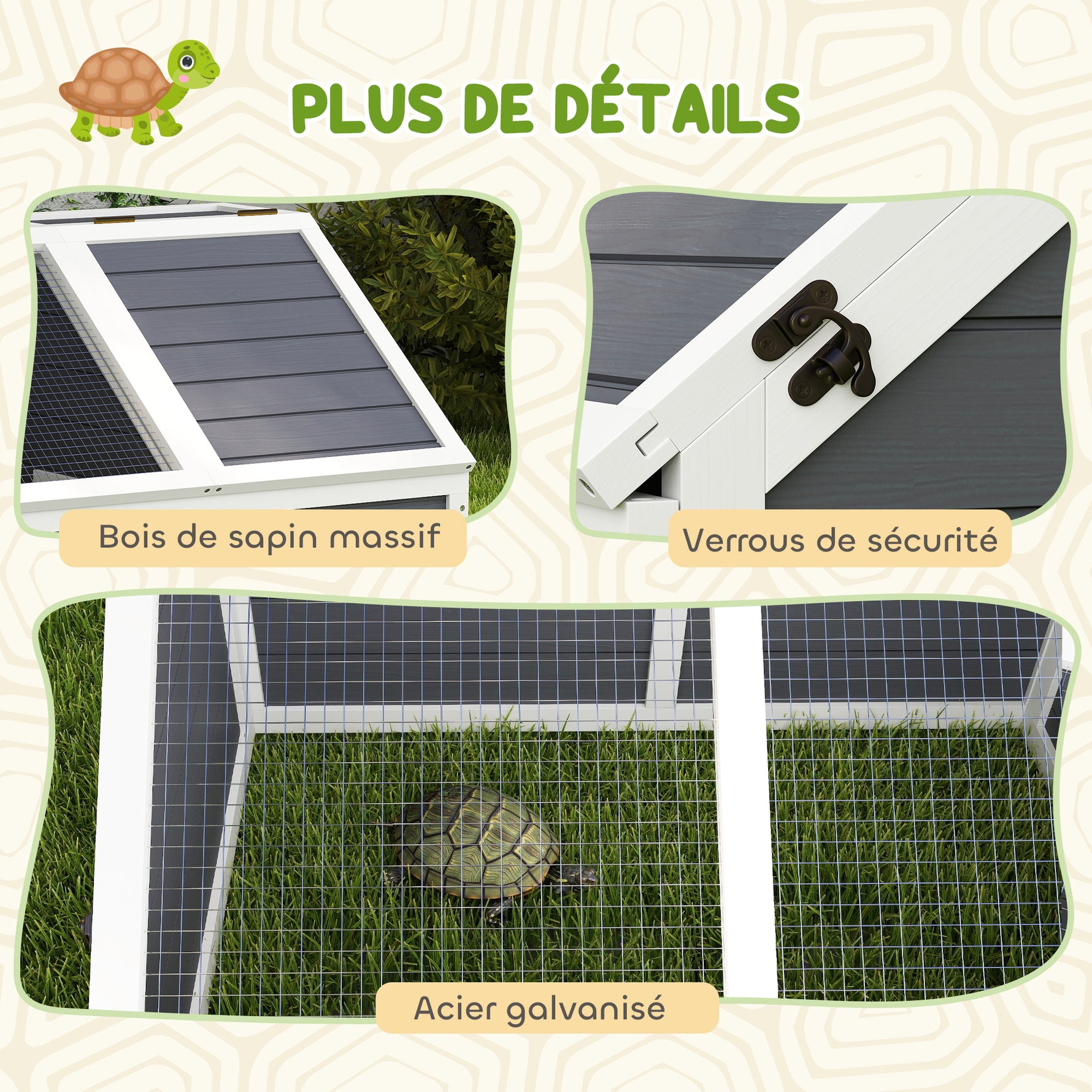 Maison enclos cage pour petit animal tortue en bois avec couvercle ouvrable, loquets, 2 espaces distincts, gris
