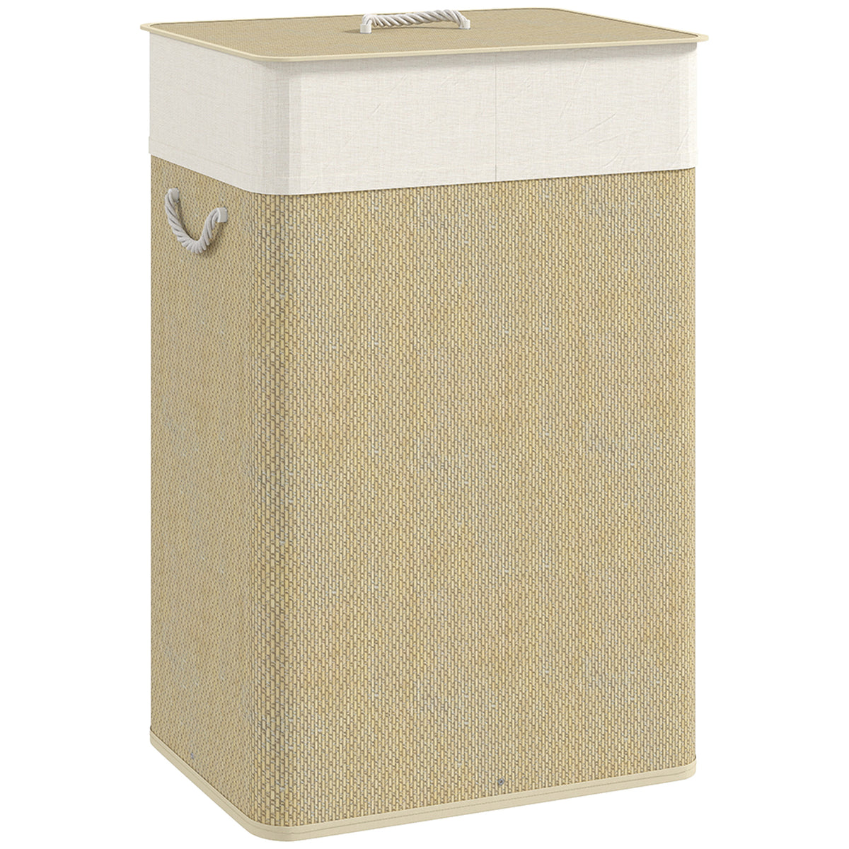Panier à linge 72 L, corbeille à linge sale en bambou avec couvercle, poignées en corde, doublure amovible, crème