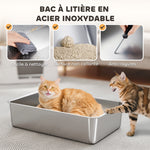 Bac à Litière XL en Acier Inoxydable pour Grand Chat, Couvercle Pivotant 100°, Pelle, 60,2x40,2x44,5cm, Gris Clair