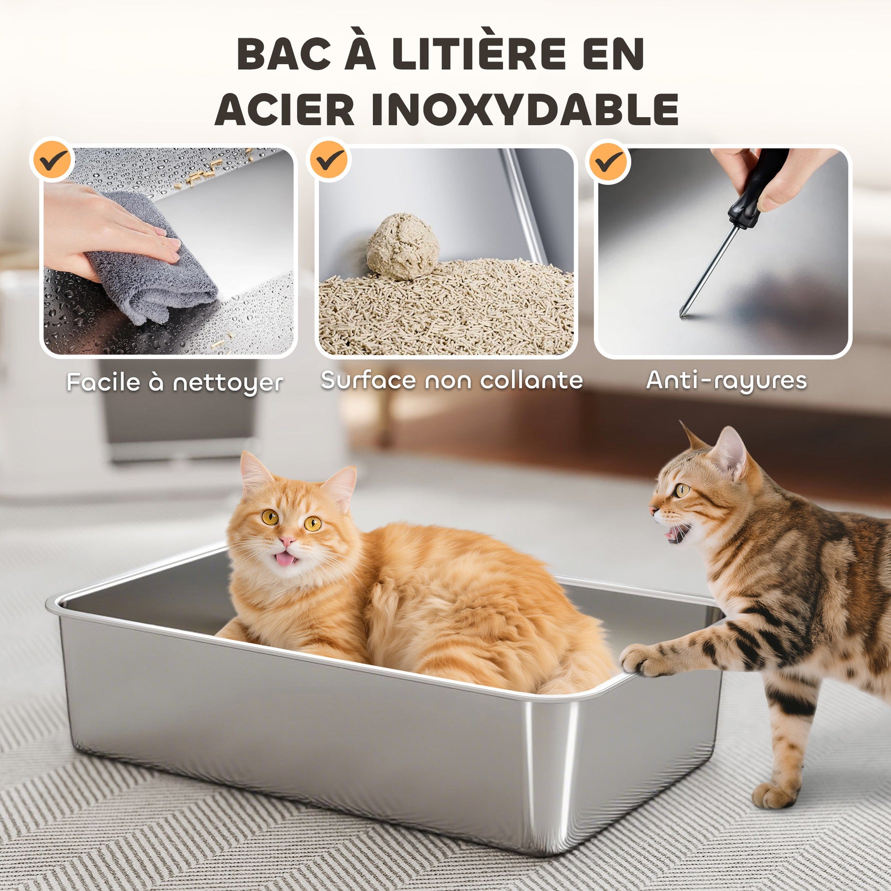 Bac à Litière XL en Acier Inoxydable pour Grand Chat, Couvercle Pivotant 100°, Pelle, 60,2x40,2x44,5cm, Gris Clair