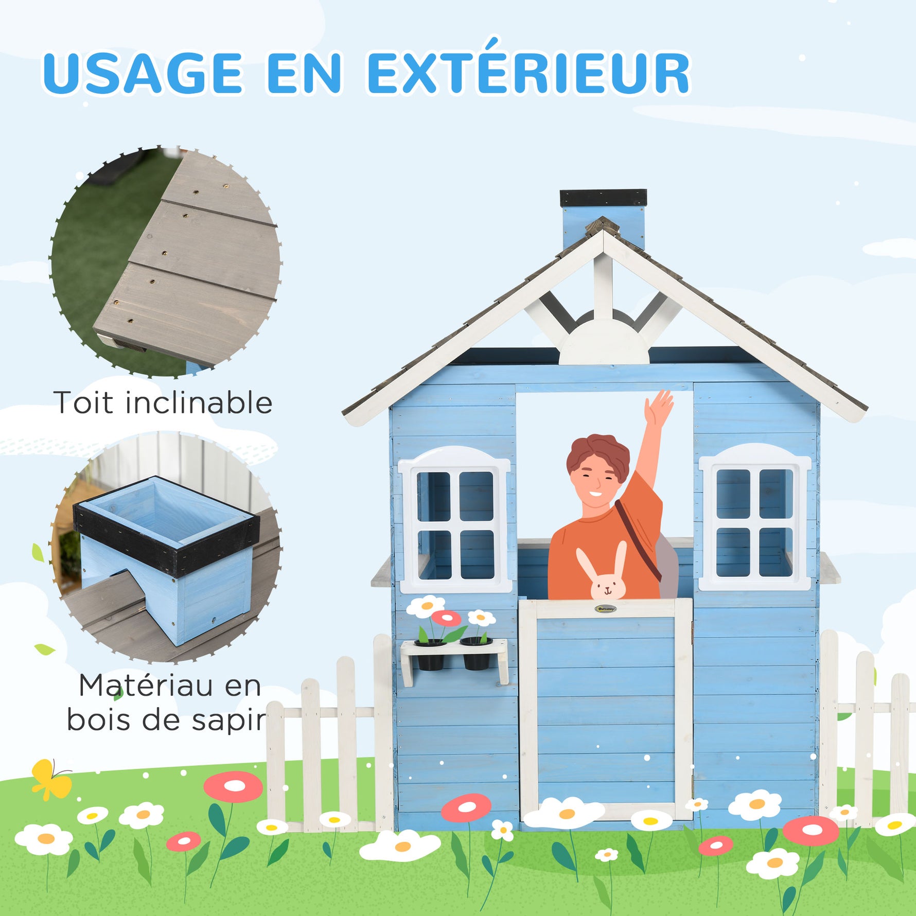 Cabane de jeu pour enfant maison de jardin en bois porte et fenêtres de 3 à 7 ans dim. 151L x 112.5l x 142H cm bleu