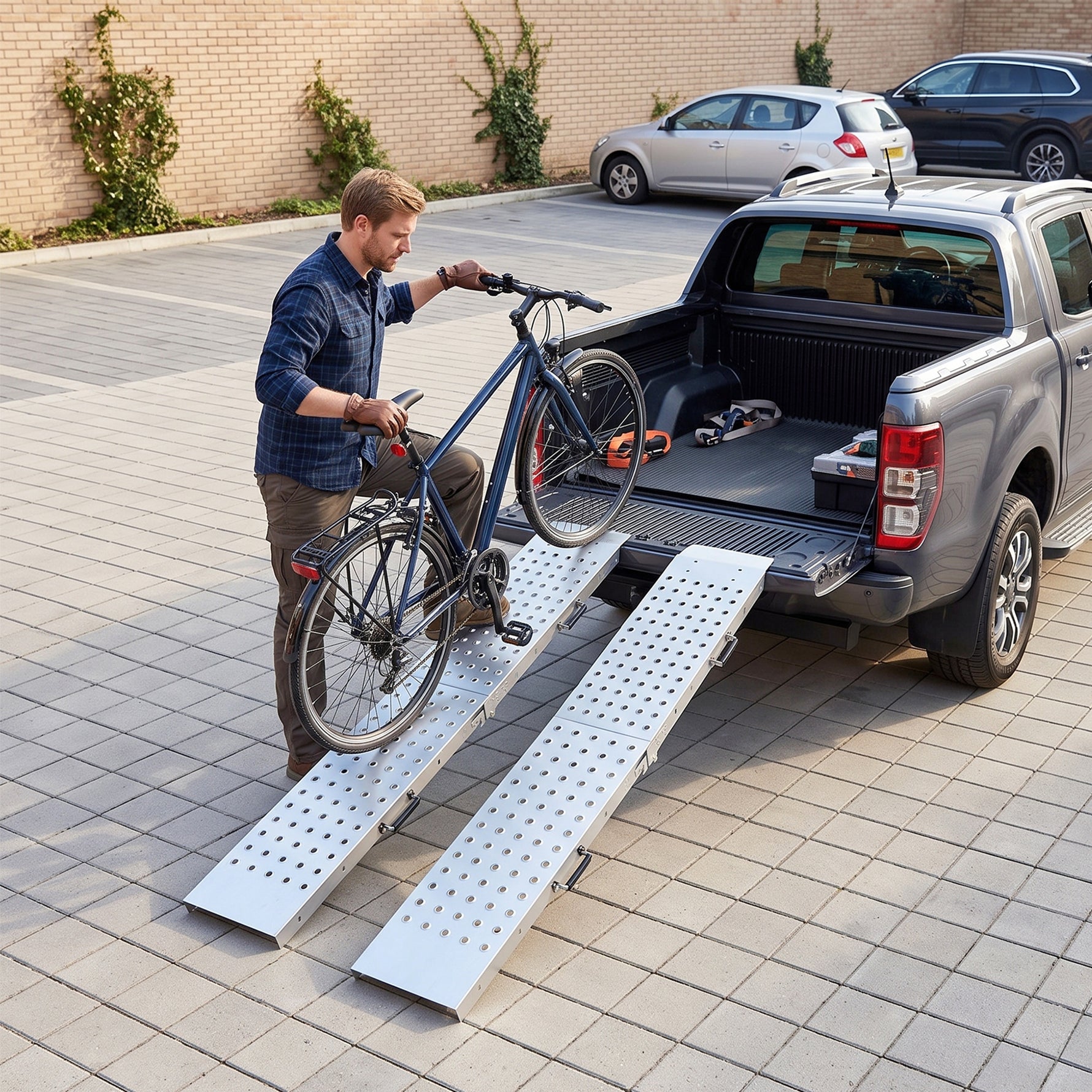Lot de 2 Rampes de Chargement Pliantes avec Poignées et Surface Antidérapante, Charge Max. 400 kg, 180 x 25,5 cm, Argent