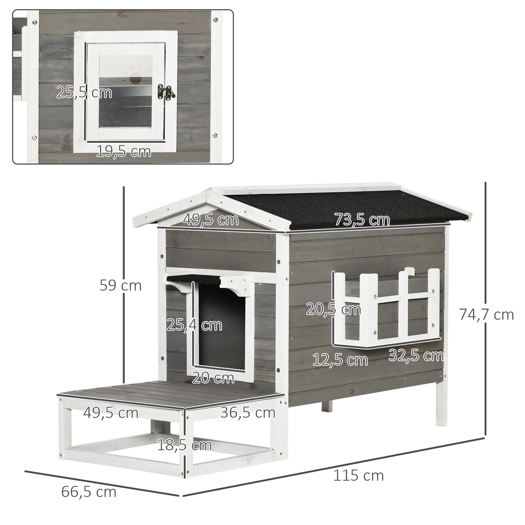 Maisonnette pour chats niche extérieure surélevé avec terrasse étanche en bois, dim. 115L x 66,5P x 74,7H cm, gris