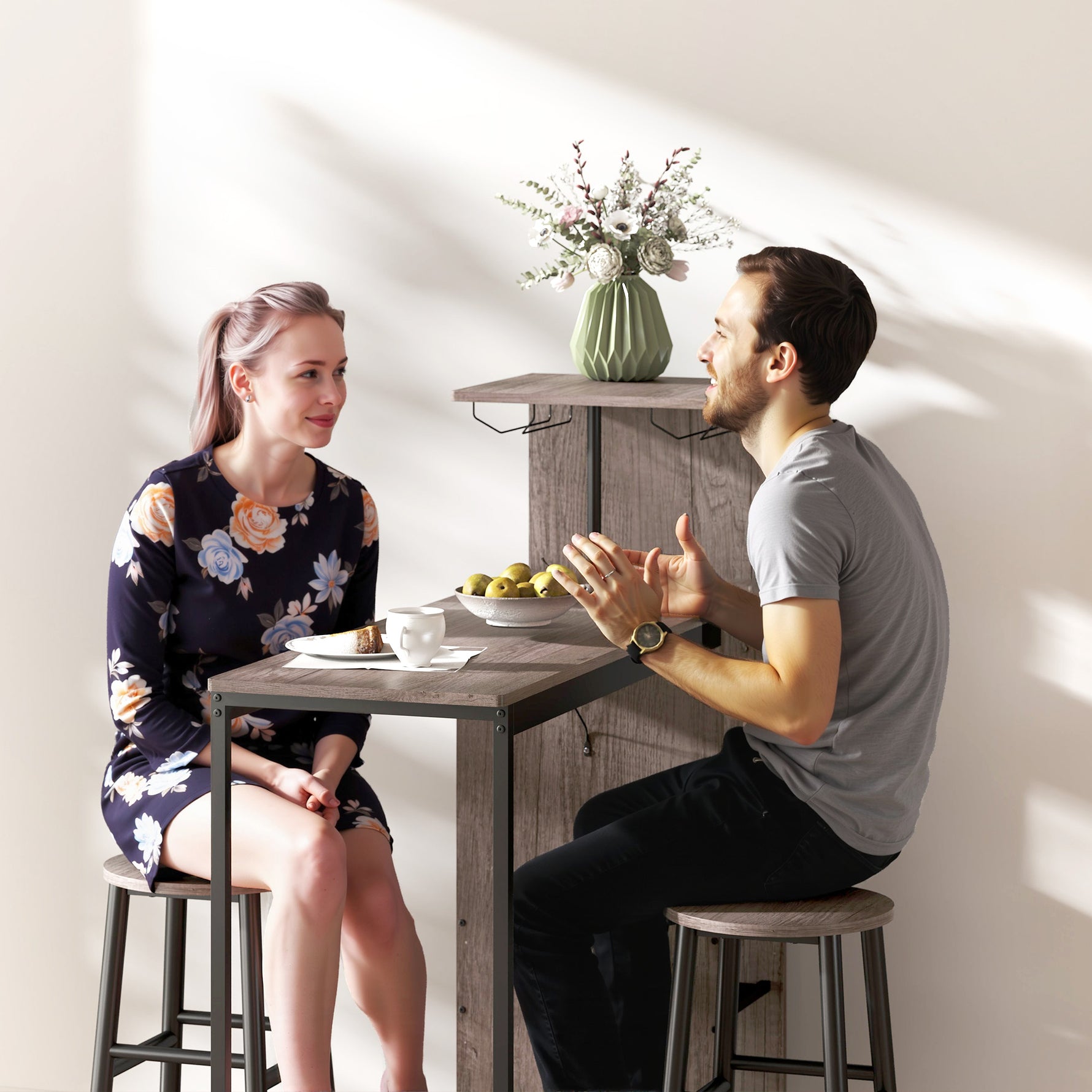 Ensemble table de bar avec tabourets, table à manger debout avec 2 chaises de bar étagères, casiers à vin, gris