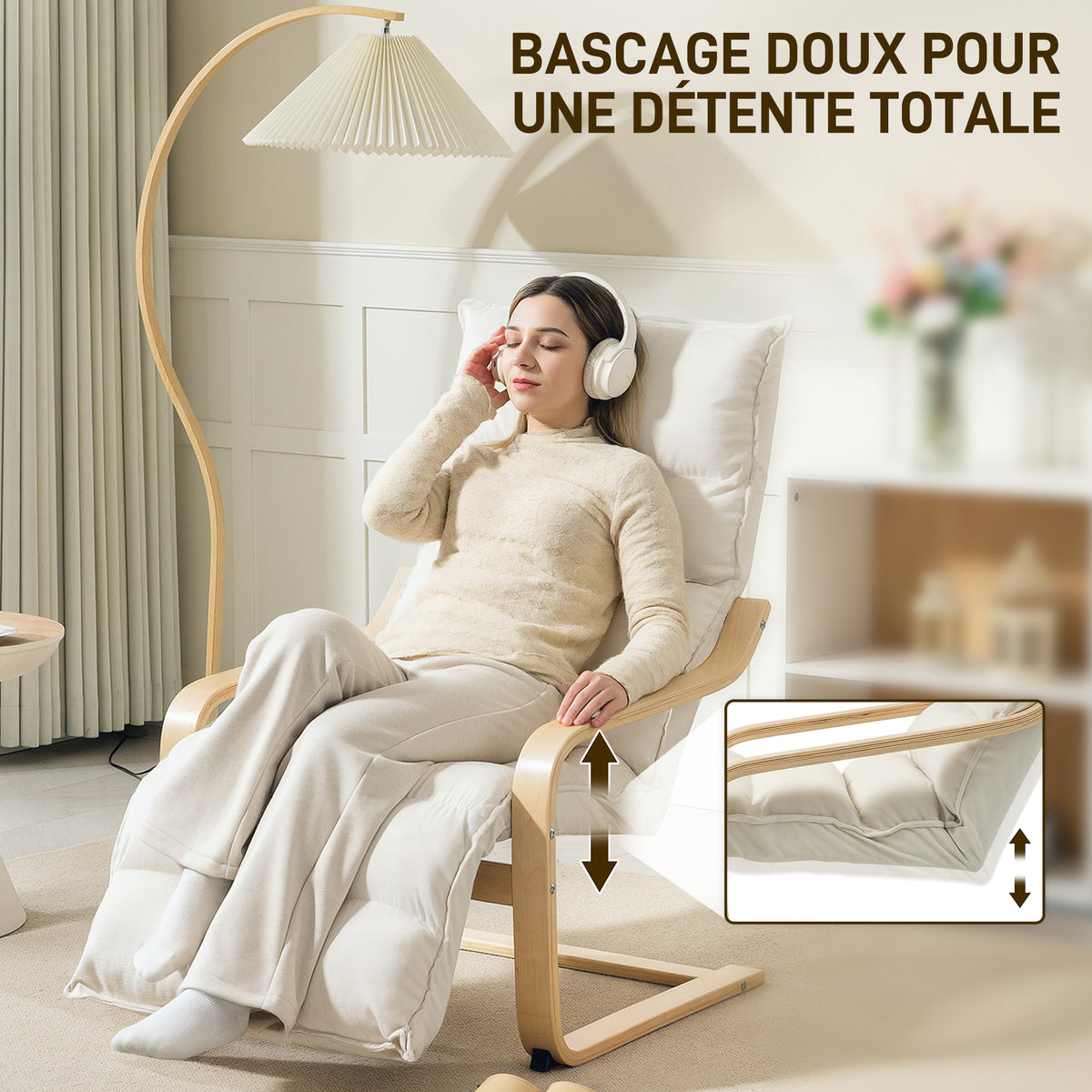 Fauteuil salon, fauteuil d'appoint rembourré en velours, repose-pieds réglable et structure en acier, 67x93x105cm, crème