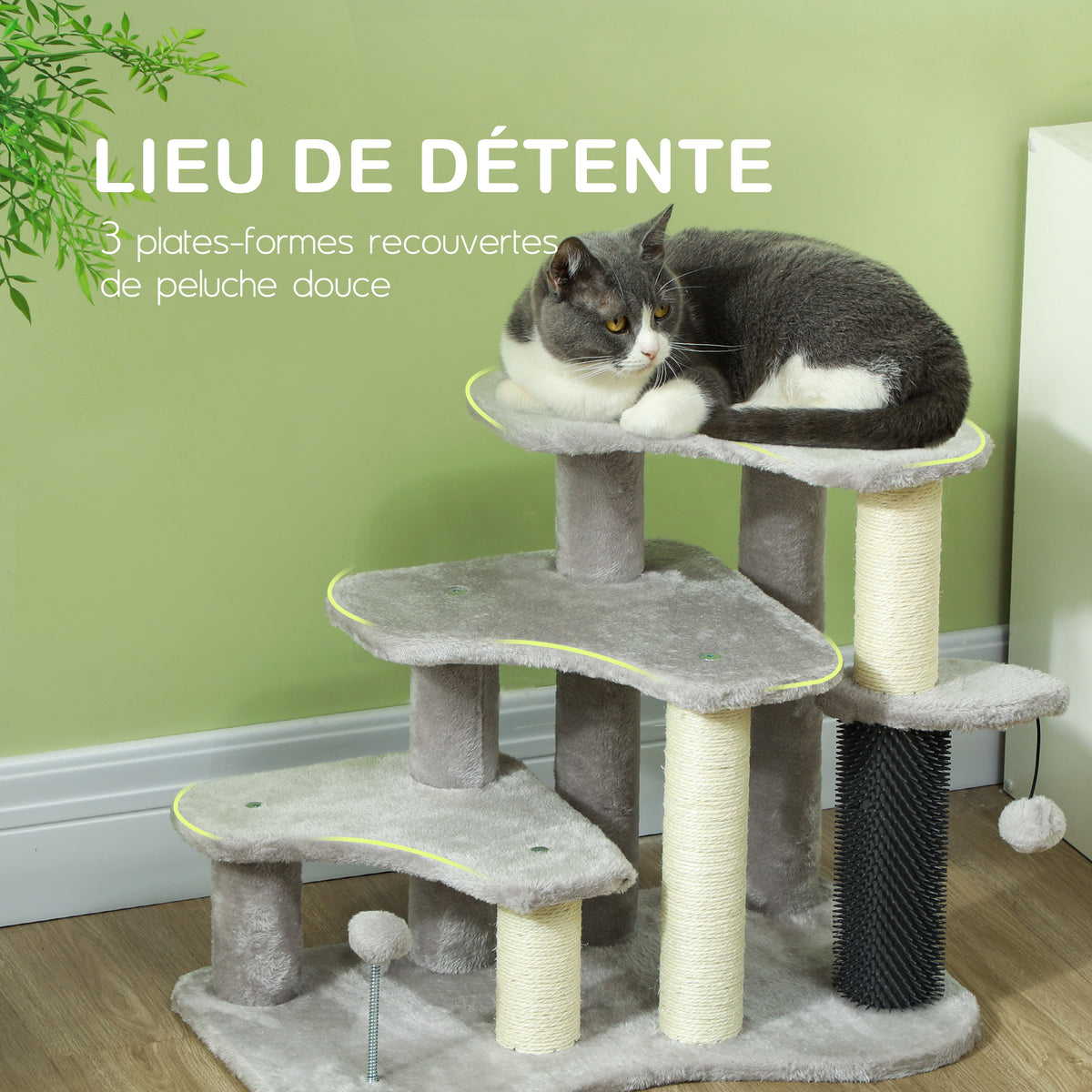 Arbre à chat tour à griffer hauteur de 50 cm avec plates-formes en peluche balles pour chat de moins de 5 kg gris clair