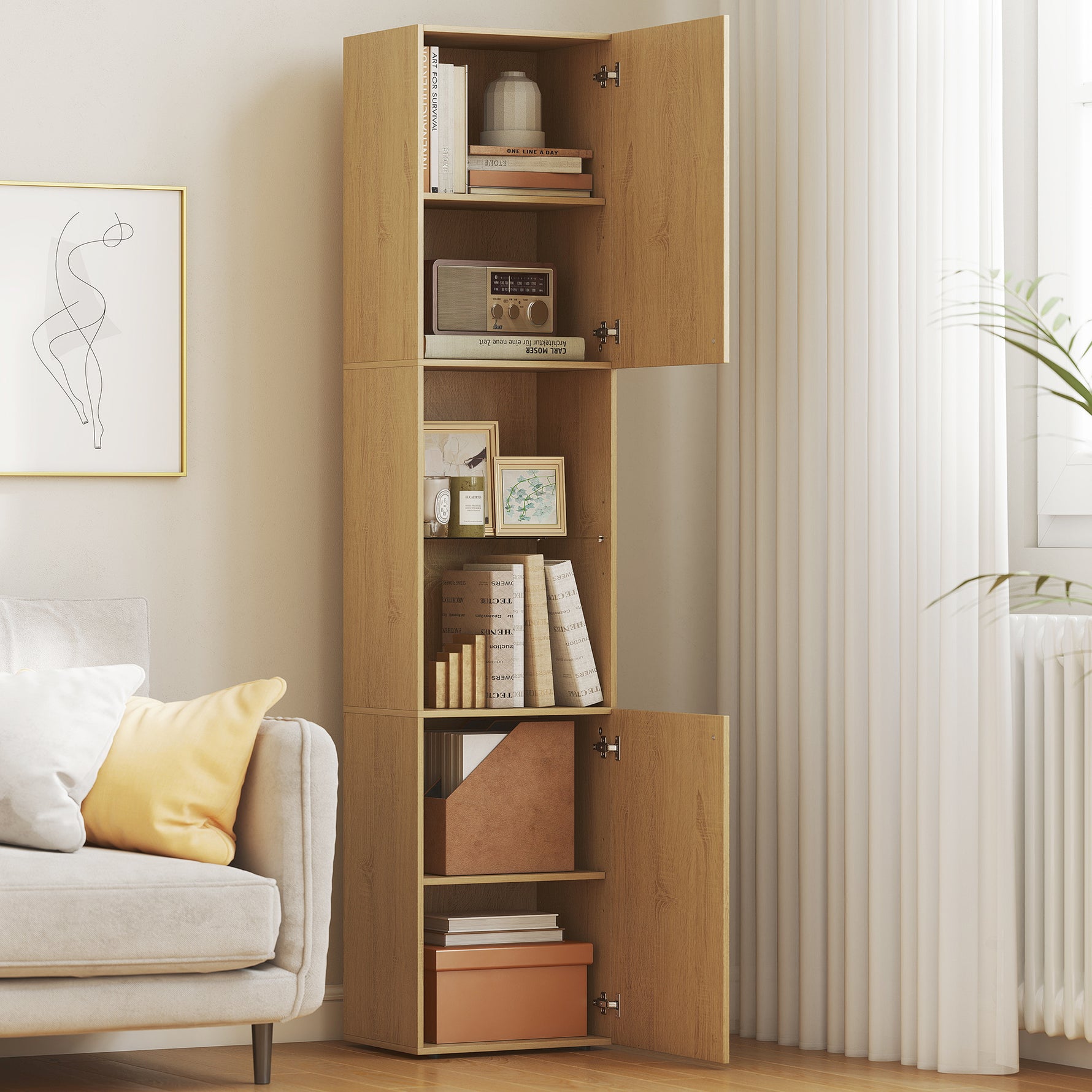 Armoire salle de bain haute, meuble de rangement colonne 6 niveaux 2 portes et étagères réglables, 40x31x182cm, chêne