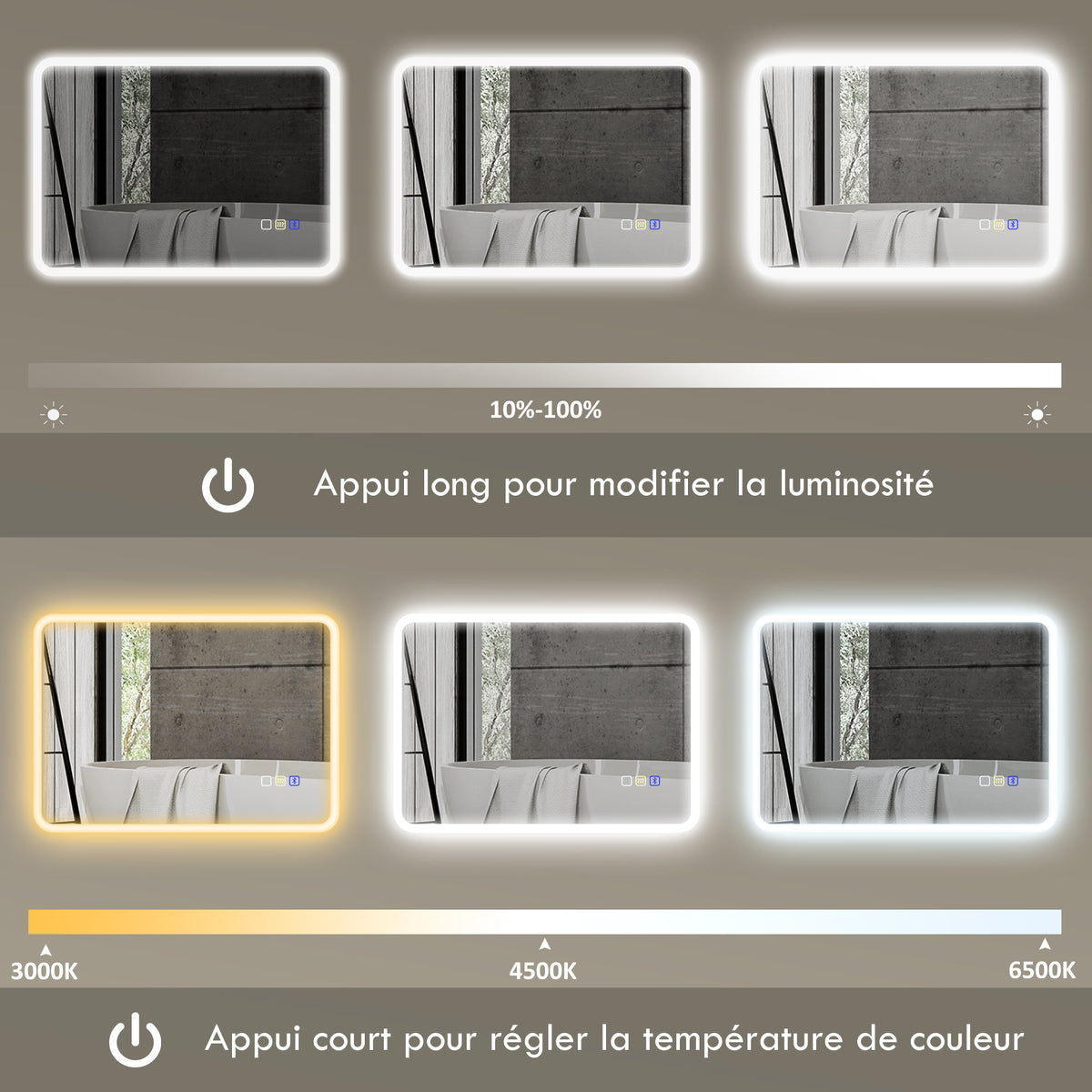 Miroir salle de bain LED bluetooth 50 x 70 cm interrupteur tactile lumière réglable 3 couleurs anti-buée mémoire argent