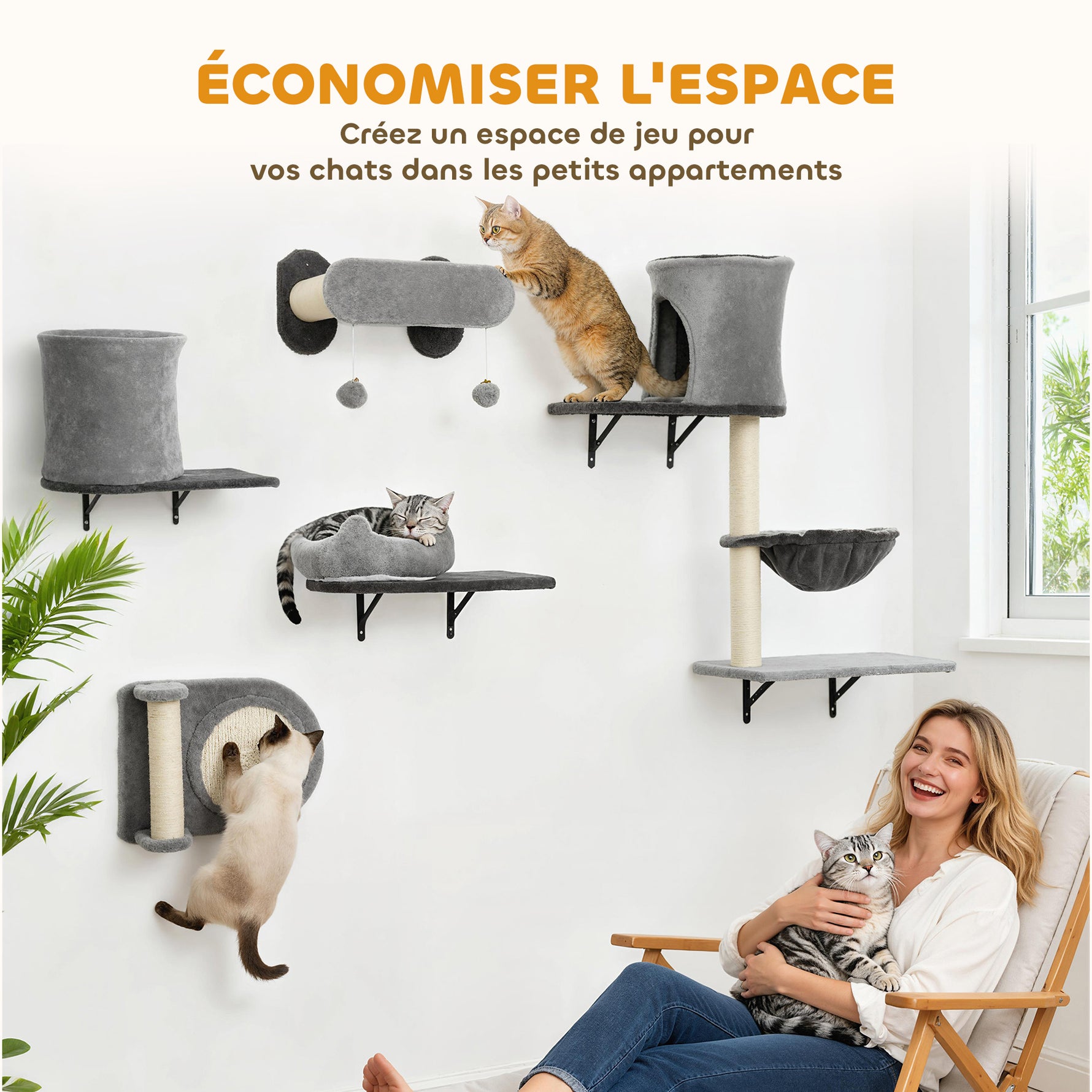Étagères murales pour chat arbre à chat mural 5 pièces 2 niches hamac plateformes griffoirs en sisal gris