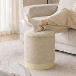 Opbergpoef, ronde hocker van chenille, voetenbankje met metalen onderstel in houtlook, beige