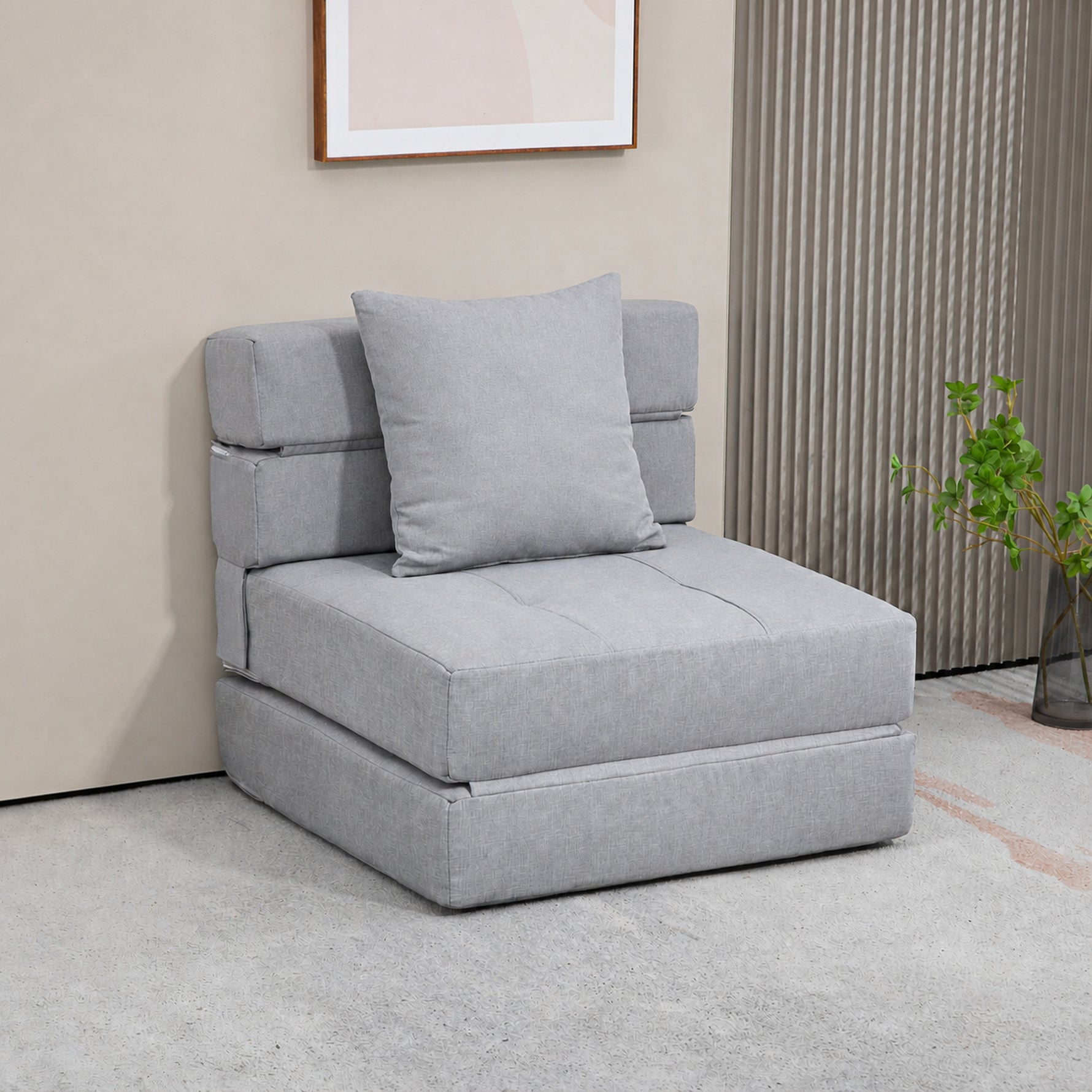 Chauffeuse canapé-lit convertible fauteuil 1 place avec 1 coussin déhoussable, tissu gris clair