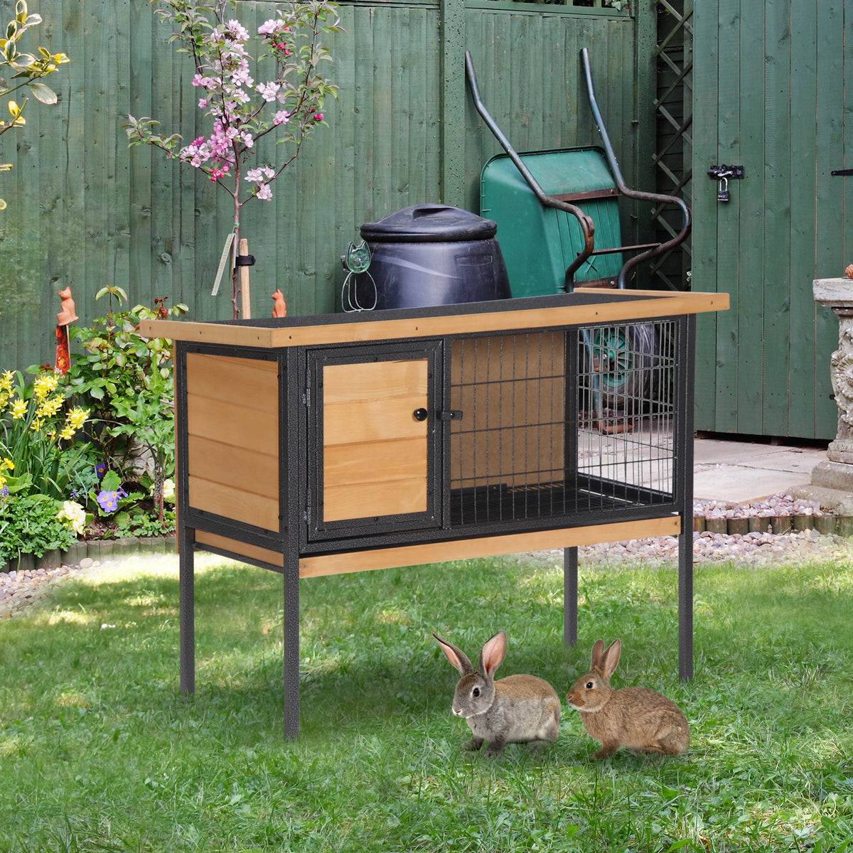 Cage à lapins en bois sur pieds, clapier pour rongeurs, cochons d'inde avec toit ouvrable - dim. 91,5L x 45l x 70H cm