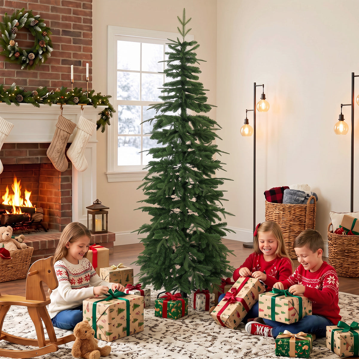 Kunstkerstboom 210 cm, Scharnierende takken van brandvertragend PE en PVC, Inklapbare stalen standaard, Groen