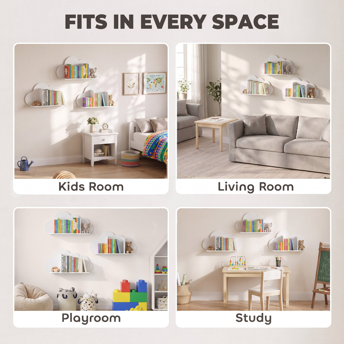 Set di 3 mensole portalibri da parete per bambini, a forma di nuvola, libreria per bambini 3-8 anni, bianco