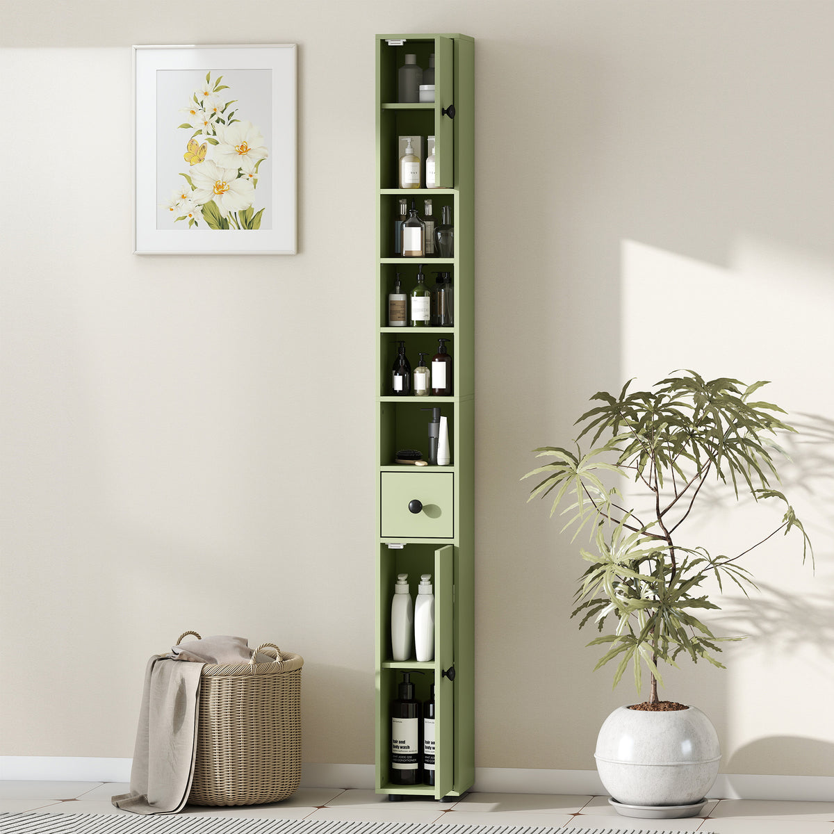 Tall bathroom storage cabinet, 1 drawer, 4 adjustable shelves and 2 cupboards, 20 x 20 x 180 cm, green