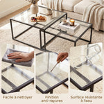 Lot de 2 tables basses gigognes, table de salon avec plateau en verre trempé et structure en métal, noir