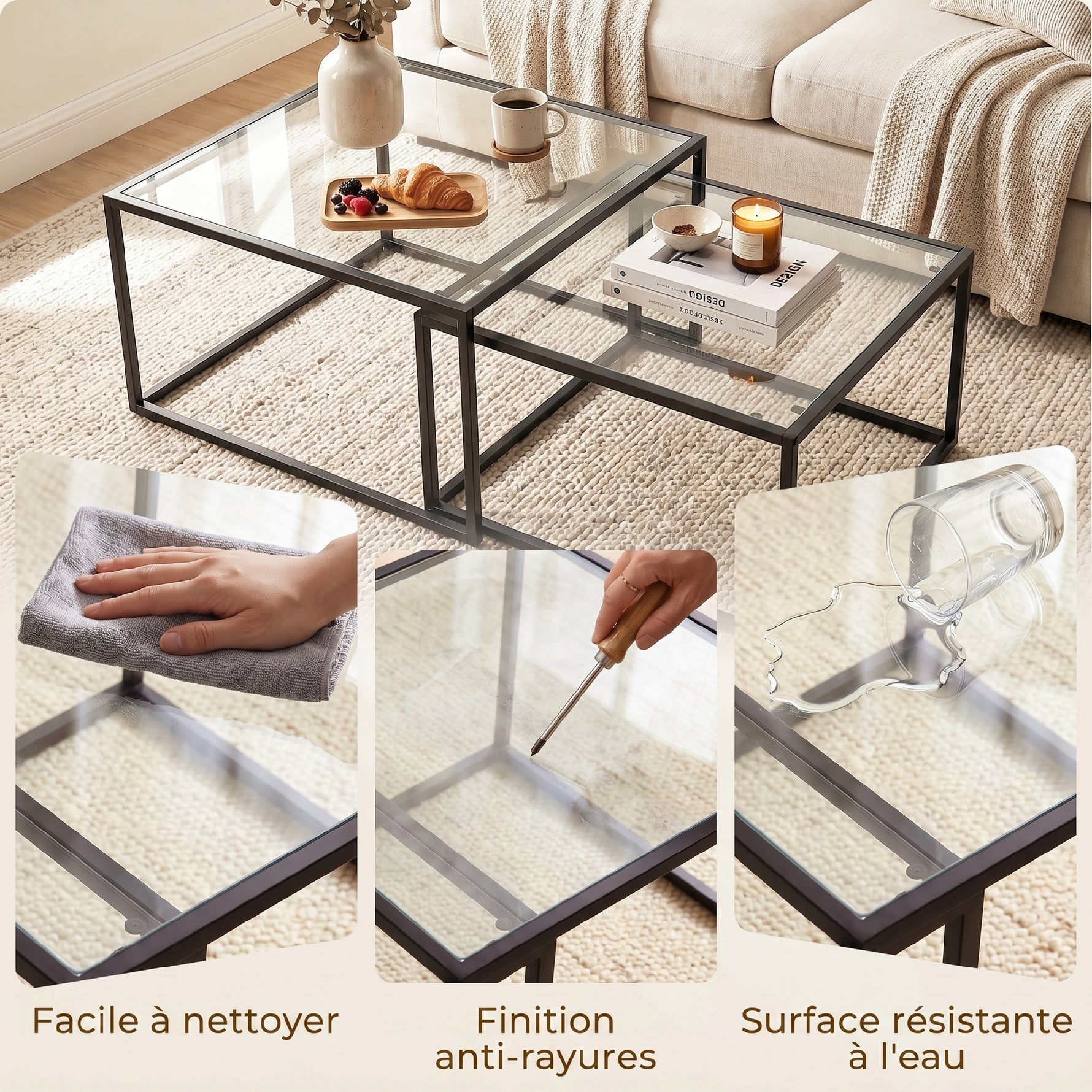 Lot de 2 tables basses gigognes, table de salon avec plateau en verre trempé et structure en métal, noir