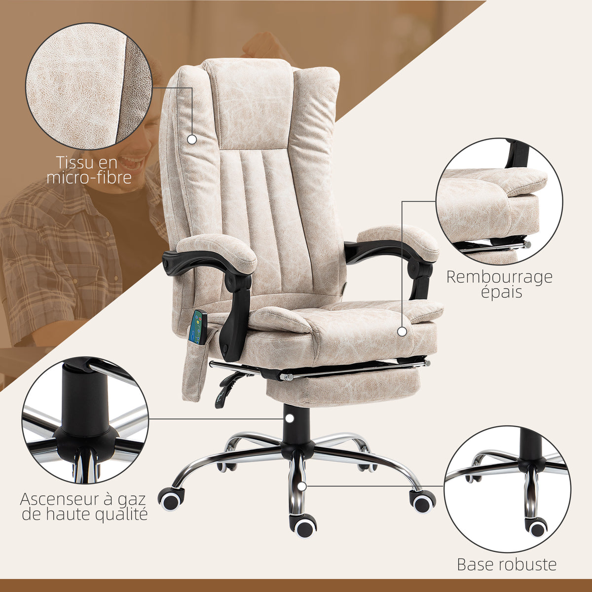 Fauteuil de bureau massant et chauffant avec hauteur réglable, dossier inclinable, repose-pied et télécommande, crème