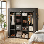 Armoire penderie en tissu, meuble de rangement mobile 10 roulettes avec 10 compartiments, barres de suspension, noir