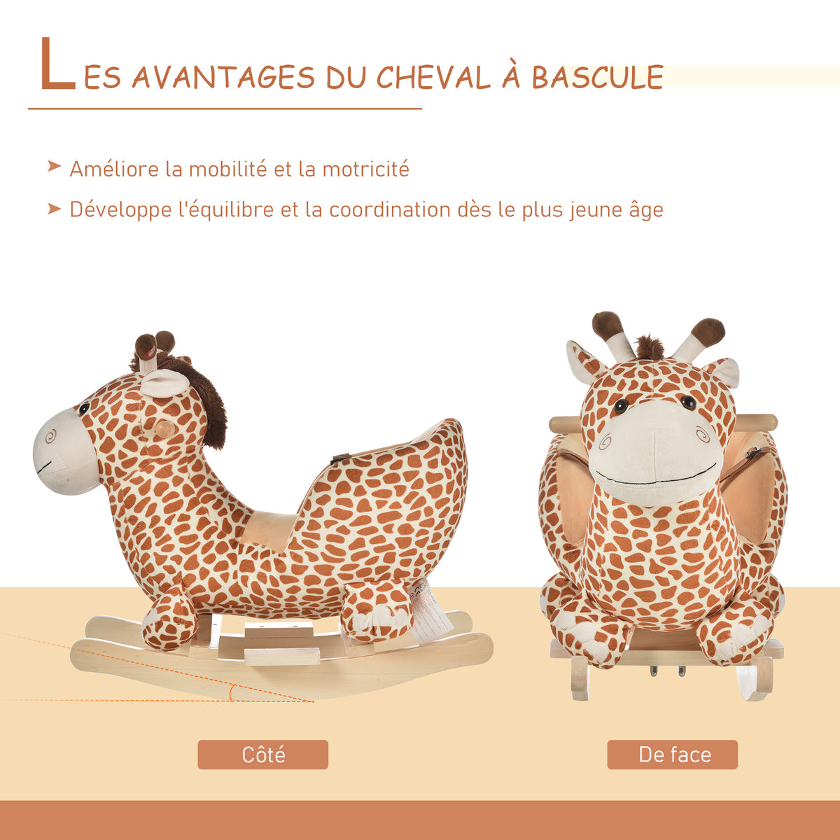Jouet à Bascule modèle girafon Ceinture de sécurité Fonction Musicale 32 Pistes pour Enfant 18+Mois Marron Beige