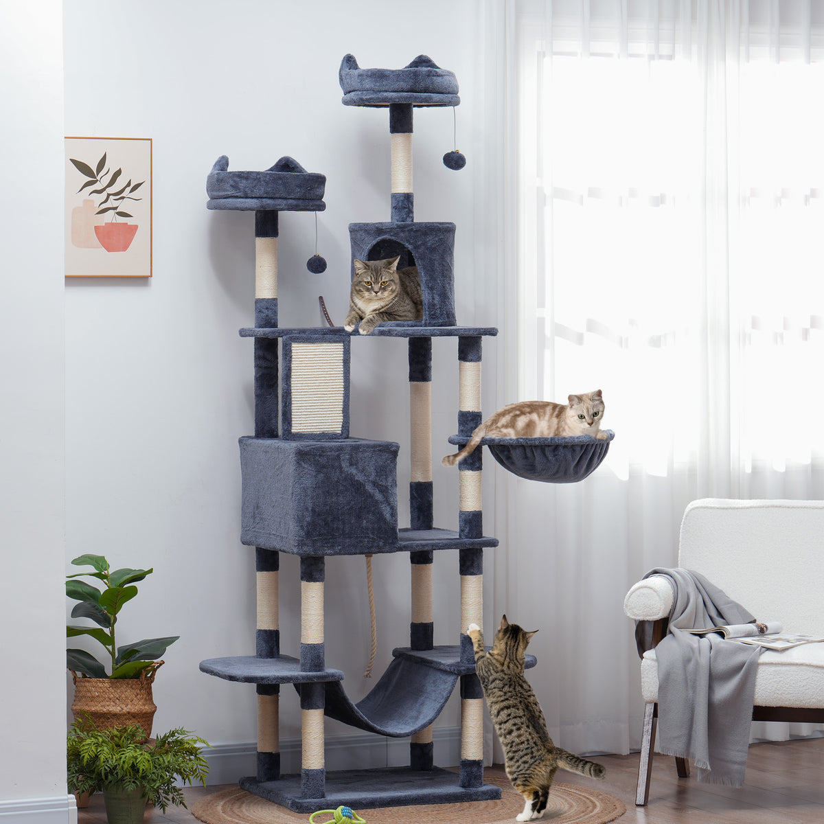 Kratzbaum 206 cm Spielturm für Katzen aus Plüsch mit mehreren Ebenen, ideal für 1-3 Katzen, 60 x 50 x 206 cm, dunkelgrau